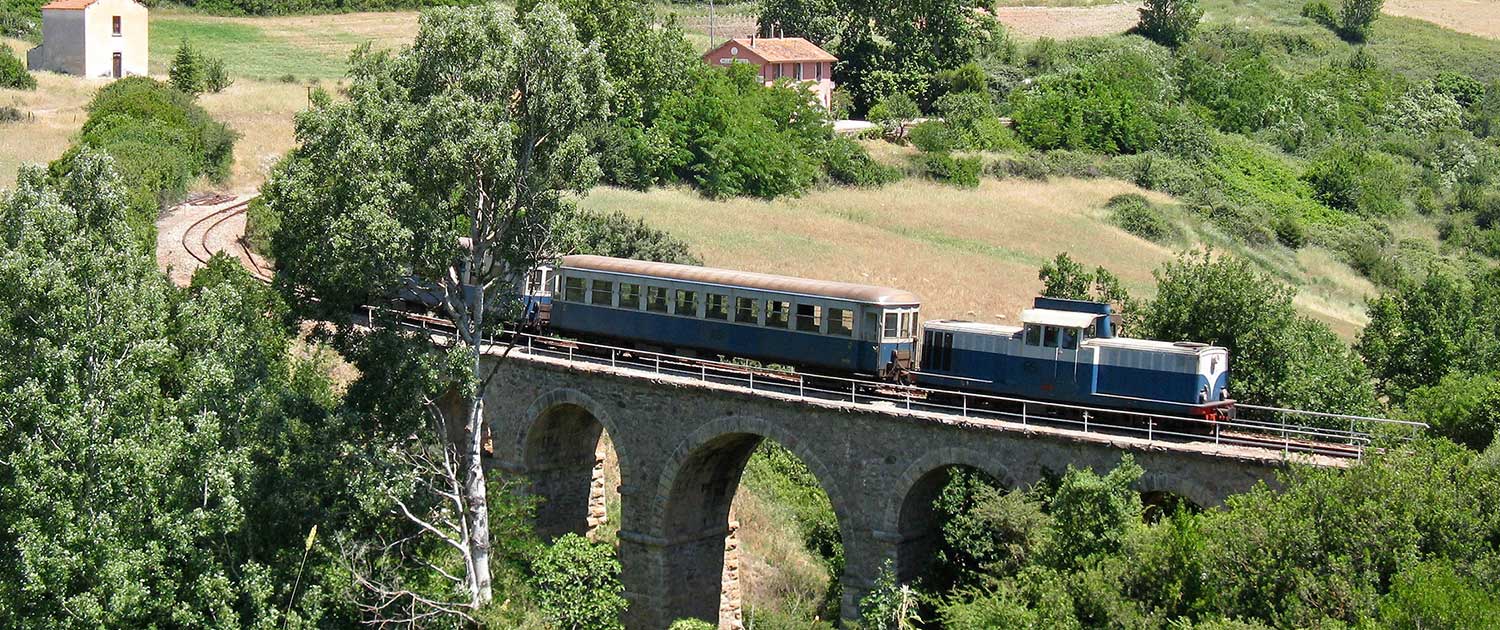 Green train of Sardinia on the bridge