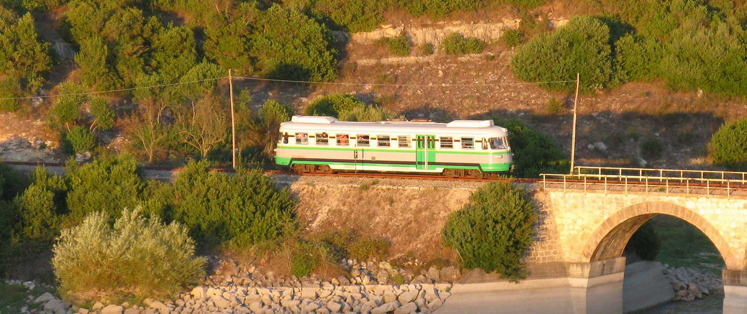 Green train of Sardinia on the overpass